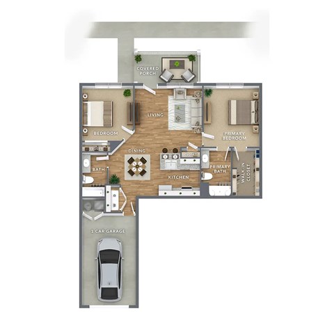 A floor plan of a house with a living room, dining room, kitchen, two bedrooms, a bathroom, a car garage, and a covered porch.